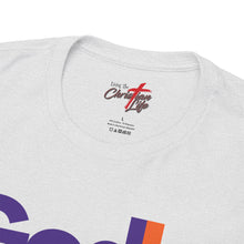 Load image into Gallery viewer, GodIs Logo T-Shirt — Bold Purple & Orange Faith Parody Tee