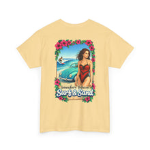 Load image into Gallery viewer, Surf & Sand Beach Tee — Retro Pinup Surfboard Graphic T-Shirt