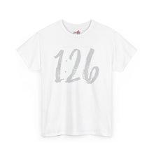 Load image into Gallery viewer, 125 Script Number Tee — Minimalist Athletic Vintage White T‑Shirt