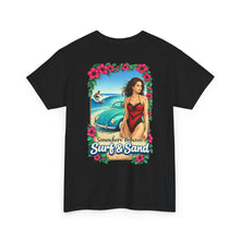 Load image into Gallery viewer, Surf & Sand Beach Tee — Retro Pinup Surfboard Graphic T-Shirt