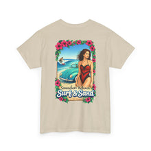 Load image into Gallery viewer, Surf & Sand Beach Tee — Retro Pinup Surfboard Graphic T-Shirt