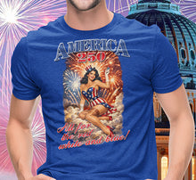 Load image into Gallery viewer, America 250 Pinup T-Shirt — Patriotic Fourth of July Fireworks Tee