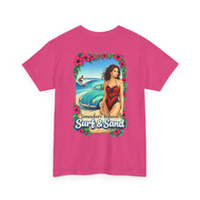 Load image into Gallery viewer, Surf &amp; Sand Beach Tee — Retro Pinup Surfboard Graphic T-Shirt
