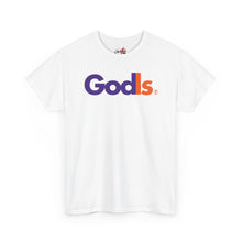 Load image into Gallery viewer, GodIs Logo T-Shirt — Bold Purple &amp; Orange Faith Parody Tee
