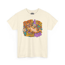 Load image into Gallery viewer, Peace Love &amp; Belly Rubs Tee — Retro Hippie Dog T-Shirt
