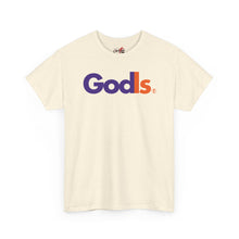 Load image into Gallery viewer, GodIs Logo T-Shirt — Bold Purple &amp; Orange Faith Parody Tee
