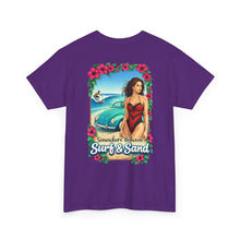 Load image into Gallery viewer, Surf &amp; Sand Beach Tee — Retro Pinup Surfboard Graphic T-Shirt
