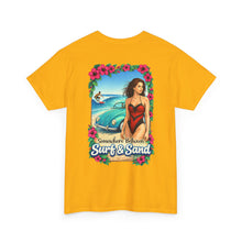 Load image into Gallery viewer, Surf &amp; Sand Beach Tee — Retro Pinup Surfboard Graphic T-Shirt
