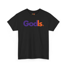 Load image into Gallery viewer, GodIs Logo T-Shirt — Bold Purple &amp; Orange Faith Parody Tee
