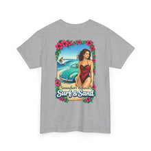 Load image into Gallery viewer, Surf &amp; Sand Beach Tee — Retro Pinup Surfboard Graphic T-Shirt
