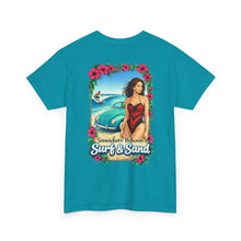 Load image into Gallery viewer, Surf &amp; Sand Beach Tee — Retro Pinup Surfboard Graphic T-Shirt
