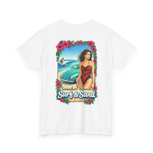 Load image into Gallery viewer, Surf &amp; Sand Beach Tee — Retro Pinup Surfboard Graphic T-Shirt
