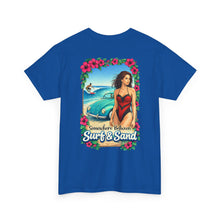 Load image into Gallery viewer, Surf &amp; Sand Beach Tee — Retro Pinup Surfboard Graphic T-Shirt
