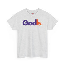 Load image into Gallery viewer, GodIs Logo T-Shirt — Bold Purple &amp; Orange Faith Parody Tee
