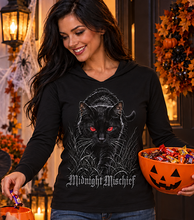 Load image into Gallery viewer, Midnight Mischief Black Hooded Long Sleeve Tee
