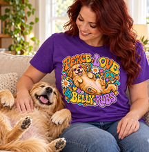 Load image into Gallery viewer, Peace Love &amp; Belly Rubs Tee — Retro Hippie Dog T-Shirt
