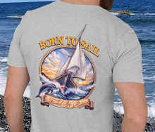 Load image into Gallery viewer, Born to Sail Tee — Sailing Graphic with Sailboat &amp; Dolphin Design

