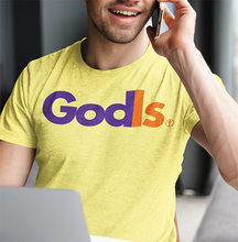 Load image into Gallery viewer, GodIs Logo T-Shirt — Bold Purple &amp; Orange Faith Parody Tee
