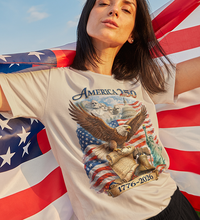 Load image into Gallery viewer, America 250 Patriotic T-Shirt — Eagle, Flag &amp; Statue of Liberty 1776–2026
